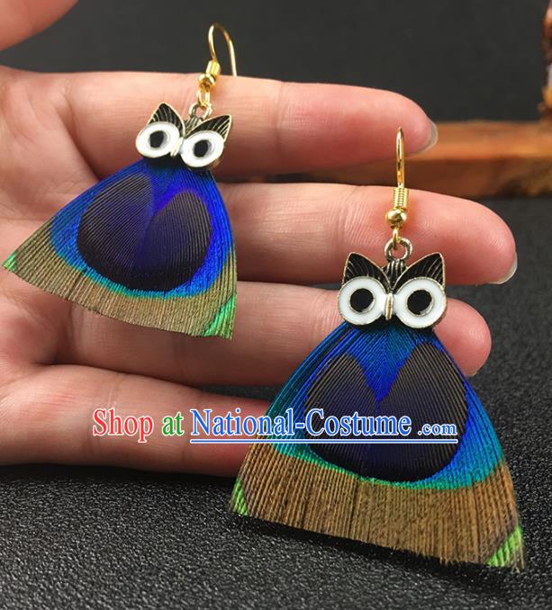 Chinese National Earrings Peacock Feather Owl Earrings for Women