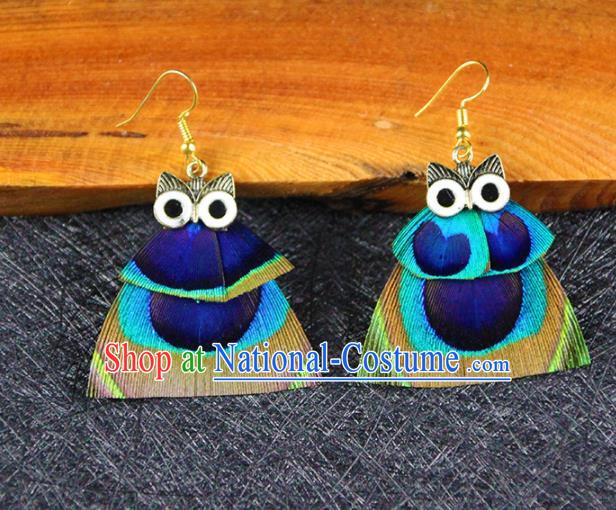 Chinese National Earrings Traditional Feather Owl Earrings for Women