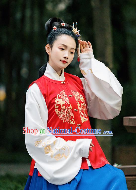 Traditional Chinese Ming Dynasty Costume Embroidered Red Vest for Rich Women