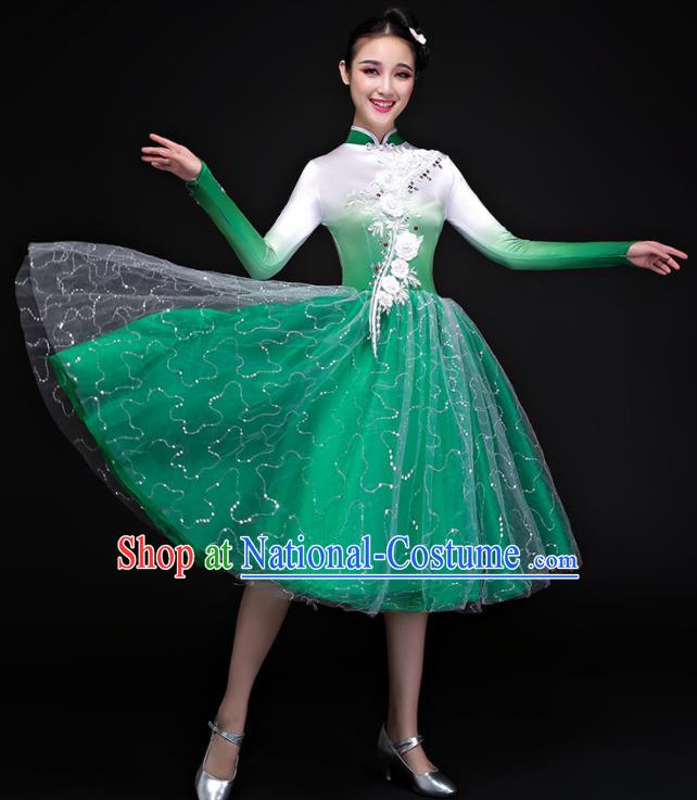 Chinese Traditional Chorus Folk Dance Green Dress Classical Dance Costume for Women