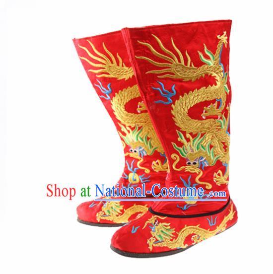 Asian Chinese Traditional Red Boots Ancient Emperor Embroidered Shoes for Men