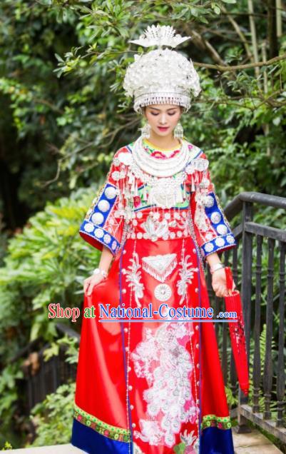 Chinese Traditional Miao Nationality Costume Hmong Bride Embroidered Dress and Headpiece for Women