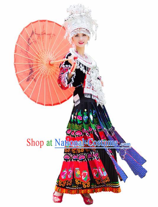 Chinese Traditional Miao Nationality Embroidered Costumes Hmong Dress and Headpiece for Women