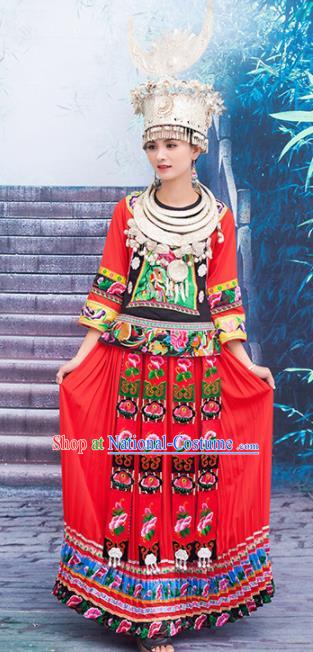 Chinese Traditional Miao Nationality Embroidered Red Costumes and Headpiece for Women