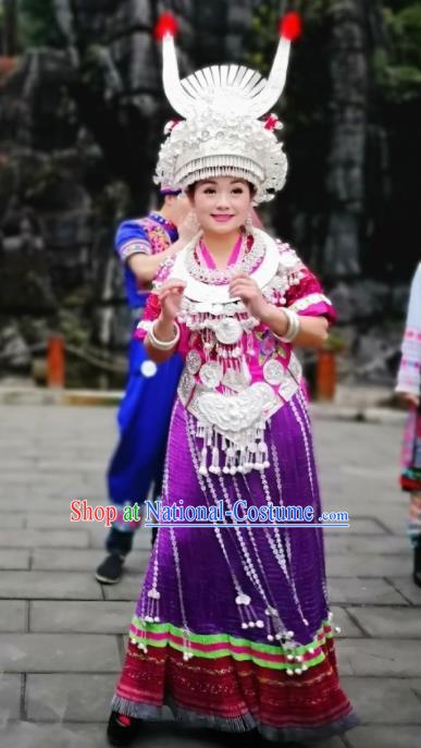 Chinese Traditional Miao Nationality Purple Dress Embroidered Wedding Costumes and Headpiece for Women