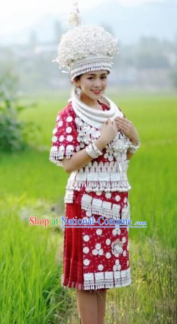 Chinese Traditional Miao Nationality Dance Red Dress Embroidered Wedding Costumes and Headpiece for Women