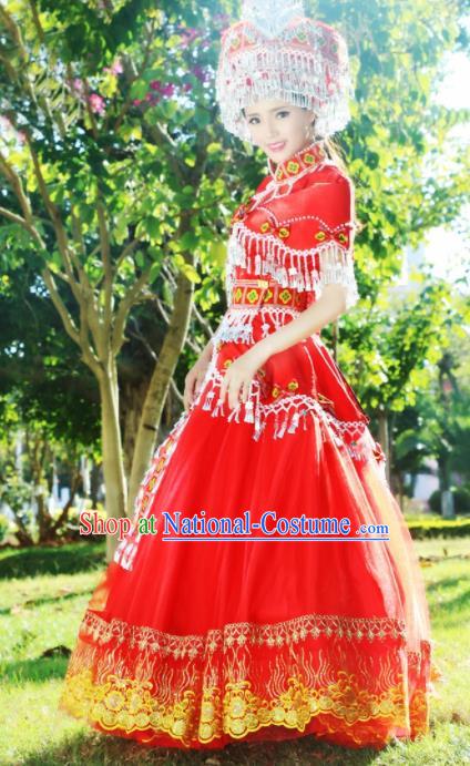 Chinese Traditional Miao Nationality Dance Wedding Embroidered Red Costumes and Headpiece for Women