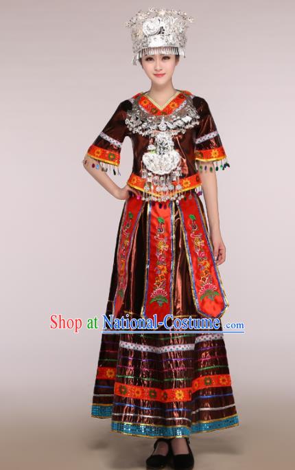 Traditional Chinese Miao Minority Dance Embroidered Brown Costumes and Headwear for Women