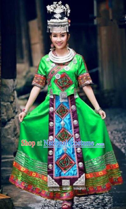 Traditional Chinese Miao Minority Dance Embroidered Green Costumes and Headwear for Women