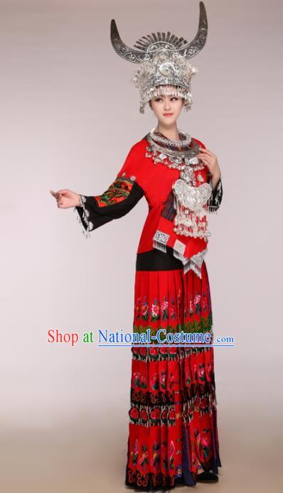 Traditional Chinese Miao Minority Dance Embroidered Red Costumes and Headwear for Women