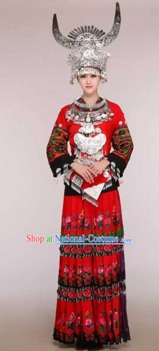 Traditional Chinese Miao Minority Embroidered Red Costumes and Headwear for Women