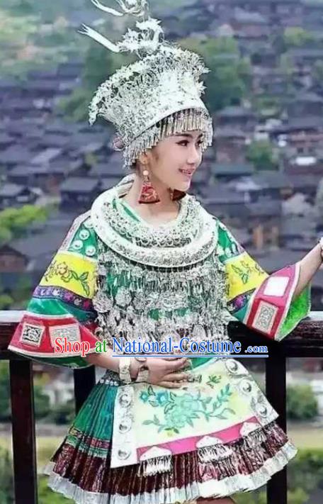 Traditional Chinese Miao Minority Embroidered Costumes Short Green Dress and Headwear for Women