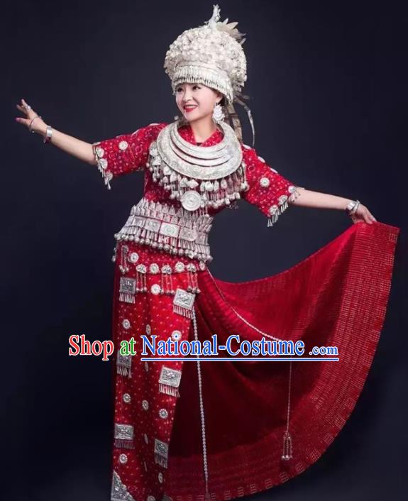 Traditional Chinese Miao Minority Wedding Costumes Embroidered Red Dress and Headwear for Women