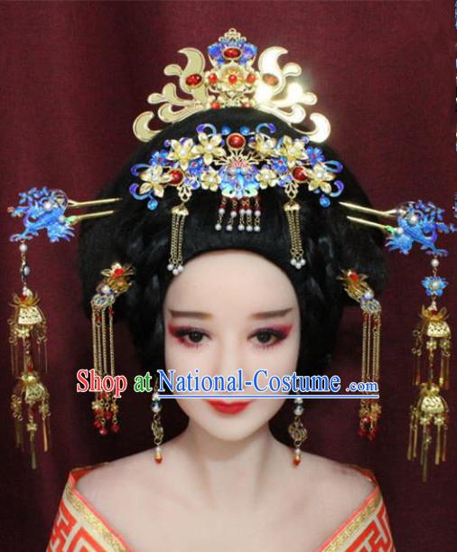 Chinese Ancient Hair Accessories Imperial Consort Blueing Phoenix Coronet Hairpins for Women