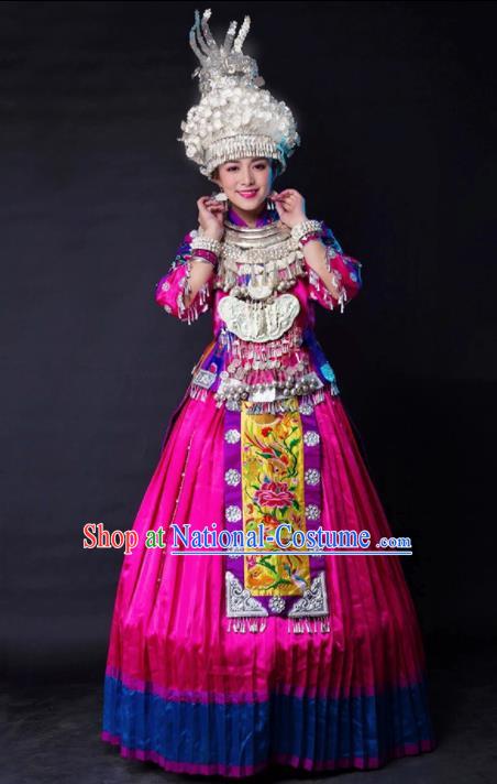 Traditional Chinese Miao Minority Embroidered Rosy Wedding Costumes and Headpiece for Women