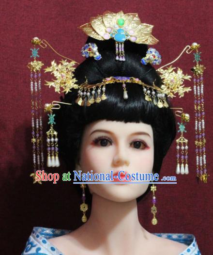 Chinese Traditional Handmade Hair Accessories Ancient Queen Lotus Coronet Hairpins for Women