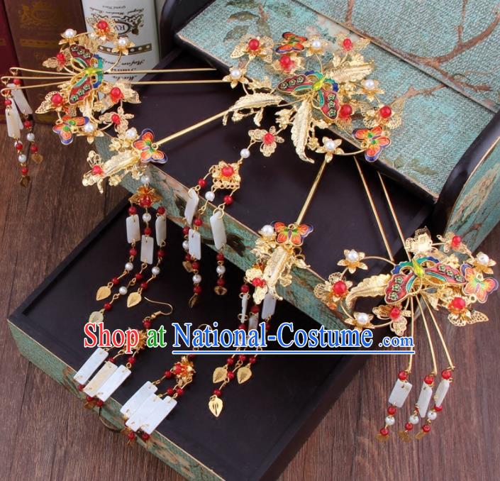 Chinese Ancient Bride Cloisonne Butterfly Hair Clip XiuHe Suit Hair Accessories Hanfu Handmade Hairpins for Women