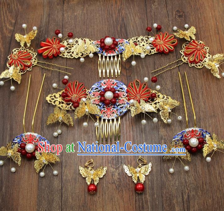 Chinese Ancient XiuHe Suit Cloisonne Hair Combs Hair Accessories Bride Handmade Hairpins Complete Set for Women