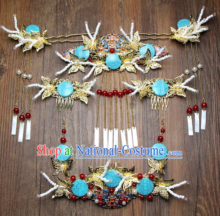 Chinese Ancient XiuHe Suit Cloisonne Hair Combs Bride Handmade Hairpins Hair Accessories Complete Set for Women