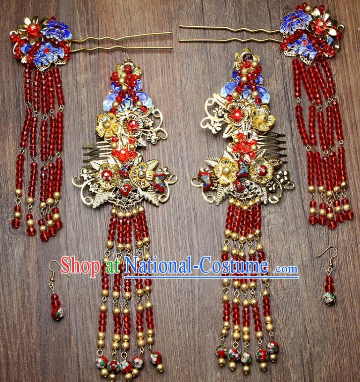 Chinese Ancient XiuHe Suit Handmade Blueing Hairpins Tassel Step Shake Hair Accessories Complete Set for Women