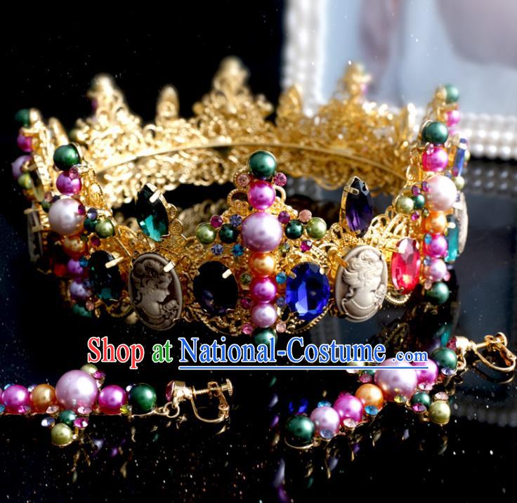 Top Grade Bride Hair Accessories Wedding Baroque Colorful Crystal Royal Crown and Earrings for Women