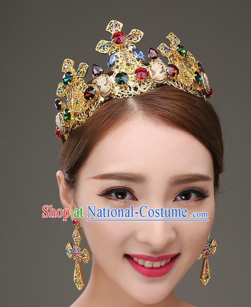 Top Grade Bride Hair Accessories Wedding Colorful Crystal Royal Crown and Earrings for Women