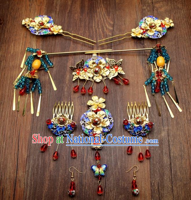 Chinese Ancient XiuHe Suit Handmade Hairpins Cloisonne Hair Accessories Complete Set for Women