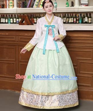 Korean Traditional Costumes Asian Korean Hanbok Palace Bride Embroidered White Blouse and Green Skirt for Women