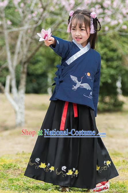 Traditional Chinese Ancient Ming Dynasty Costumes Navy Blouse and Black Skirt for Kids