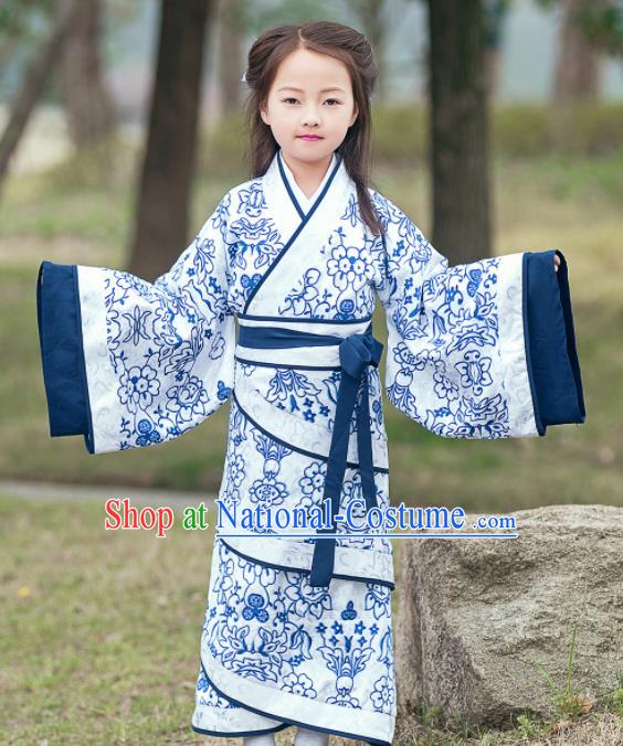 Traditional Chinese Ancient Han Dynasty Princess Costume Blue Curving-front Robe for Kids