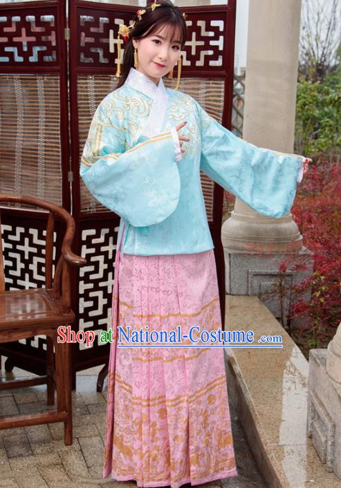 Traditional Chinese Ancient Hanfu Dress Ming Dynasty Princess Costumes Blue Blouse and Pink Skirt for Women