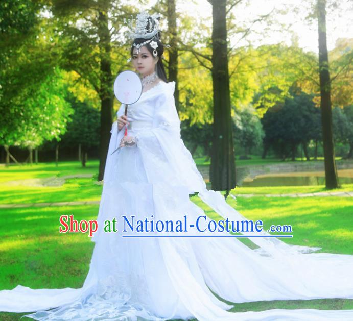 Chinese Ancient Cosplay Peri Princess White Hanfu Dress Traditional Tang Dynasty Swordswoman Costume for Women