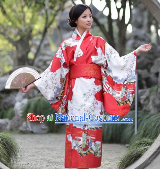 Traditional Japanese Costumes Asian Japan Kimono Printing Red Furisode Yukata for Women