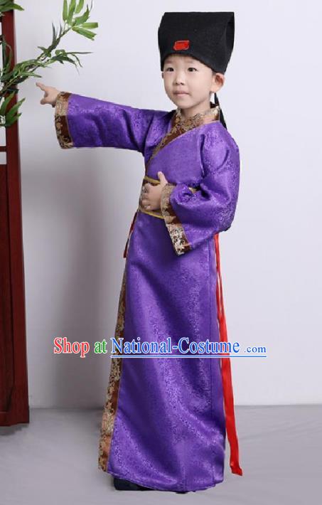 Chinese Ancient Scholar Costumes Traditional Purple Robe for Kids