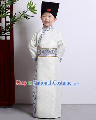 Chinese Ancient Scholar Costumes Traditional White Robe for Kids