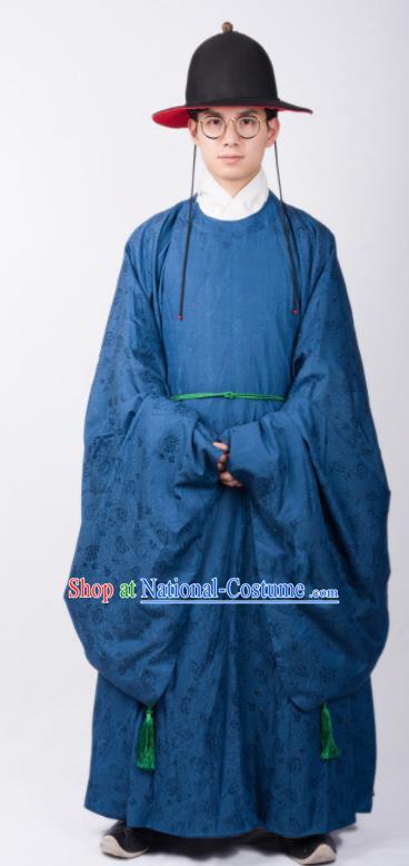 Chinese Ancient Swordsman Blue Robe Traditional Ming Dynasty Imperial Bodyguard Costumes for Men