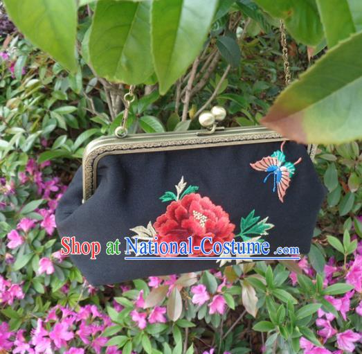 Traditional Chinese Embroidered Peony Bag Handmade Black Silk Handbag for Women