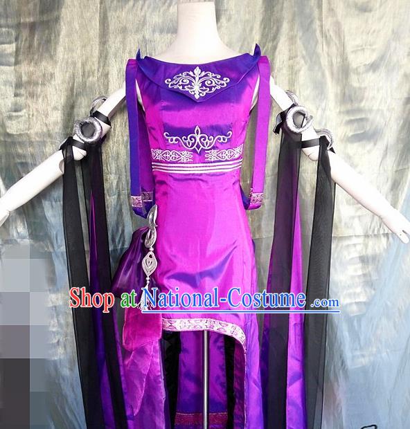 Asian Chinese Cosplay Costume Ancient Swordswoman Purple Dress for Women