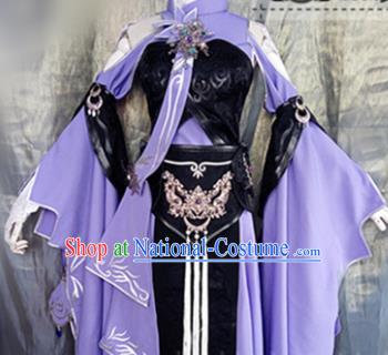 Asian Chinese Cosplay Peri Costume Ancient Swordswoman Purple Dress for Women