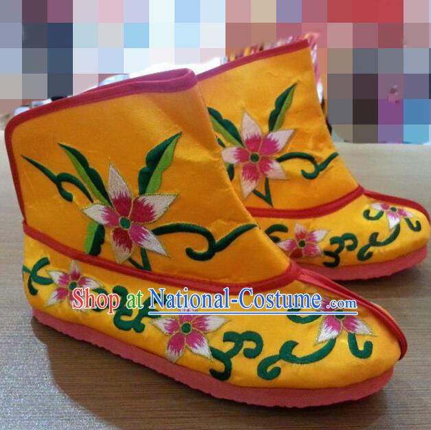 Traditional Chinese Beijing Opera Shoes Embroidered Yellow Boots for Men