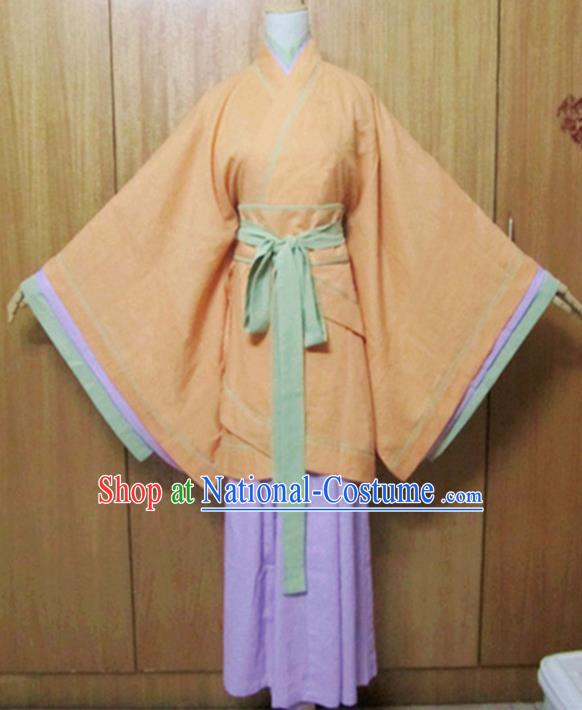 Traditional Chinese Han Dynasty Maidenform Orange Curving-Front Robe Ancient Princess Costume for Women