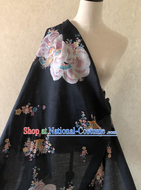 Asian Chinese Traditional Fabric Classical Printing Peony Pattern Black Brocade Cheongsam Cloth Silk Fabric