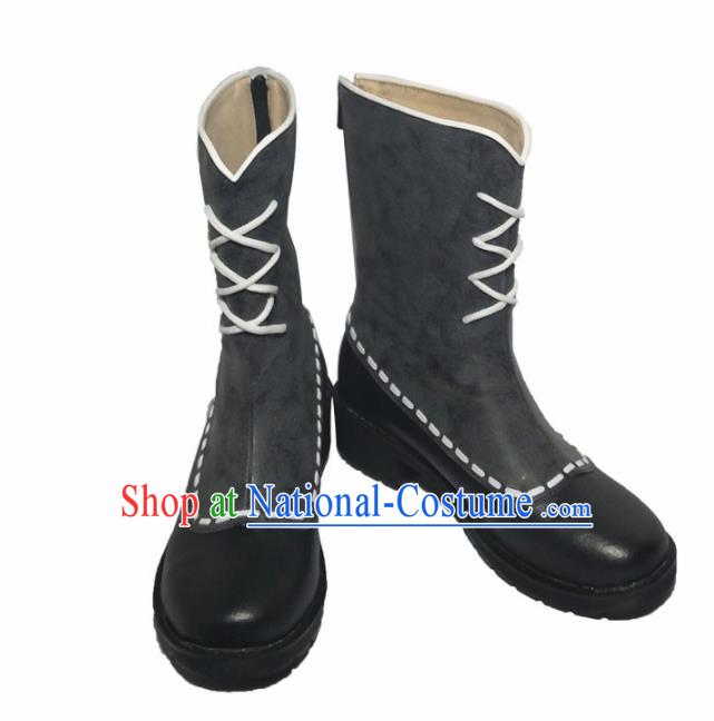 Asian Chinese Cosplay Shoes Cartoon Swordsman Grey Boots for Men