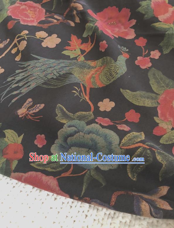 Asian Chinese Traditional Fabric Palace Peony Pattern Black Brocade Cloth Silk Fabric