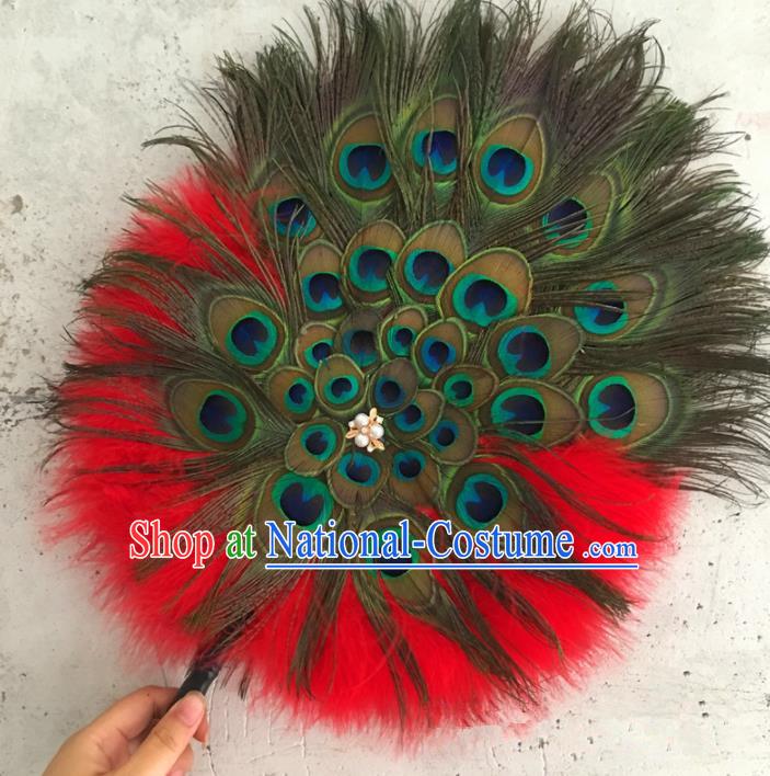 Traditional Chinese Crafts Feather Fan China Folk Dance Bride Red Peacock Feather Fans