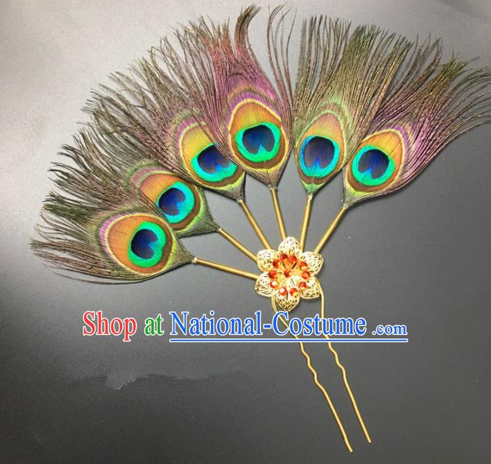 Traditional Chinese Bride Hair Accessories Peacock Feather Hairpins for Women