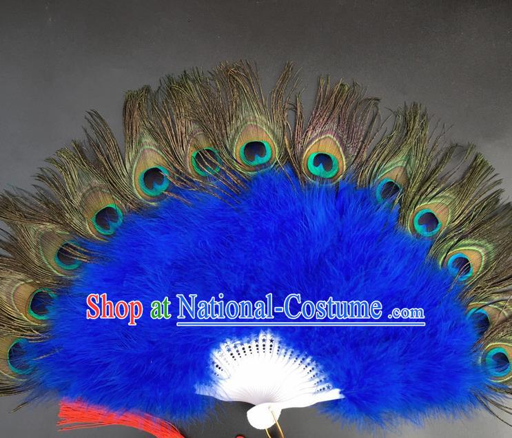 Traditional Chinese Crafts Peacock Feather Folding Fan China Folk Dance Royalblue Feather Fans