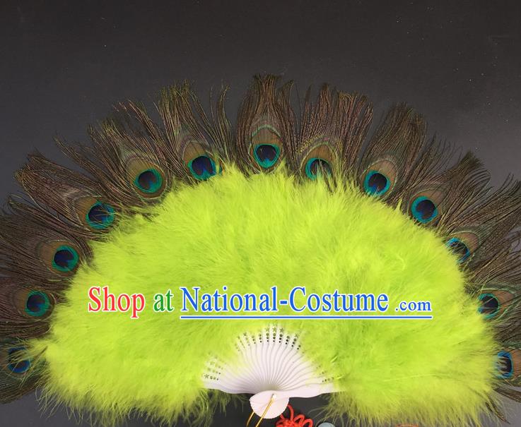 Traditional Chinese Crafts Peacock Feather Folding Fan China Folk Dance Green Feather Fans