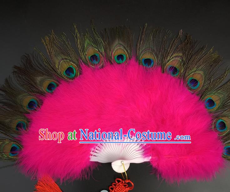 Traditional Chinese Crafts Peacock Feather Folding Fan China Folk Dance Rosy Feather Fans