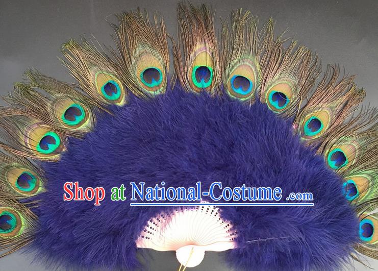 Traditional Chinese Crafts Peacock Feather Folding Fan China Folk Dance Purple Feather Fans